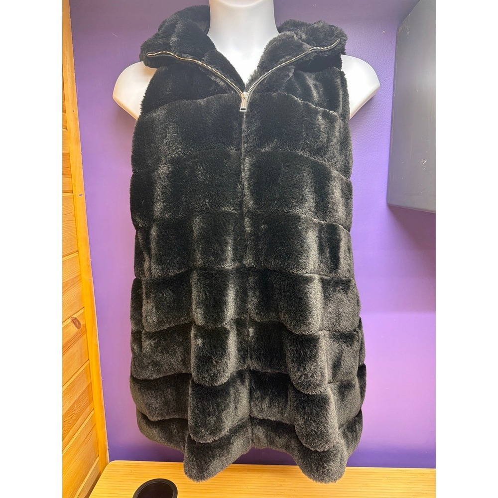 Laundry Shelli Segal Women's L Black‎ Faux Fur Hooded Long Vest Full Zip
